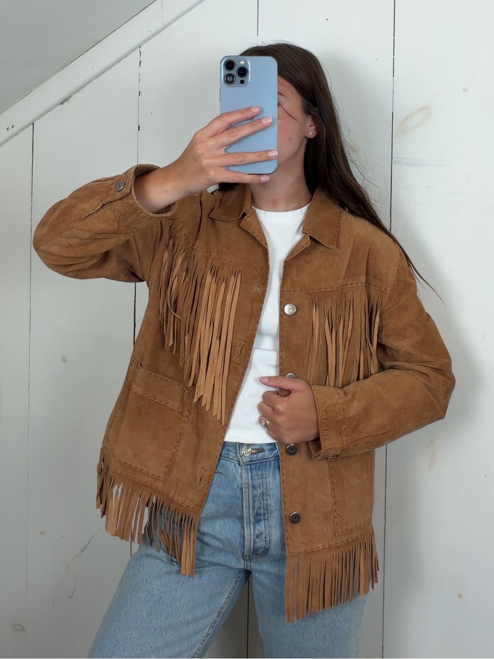 Vintage Tan Suede Leather Western Fringe Jacket Women’s 1 Small Button Front Y2K